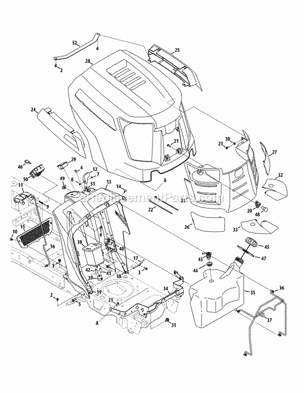 Fuel Tank, Hood And Dash Diagram and Parts List for LTX1040 (13AX90AS056, 13WX90AS009, 13WX90AS010, 13WX90) (2014) Cub Cadet Lawn Tractor